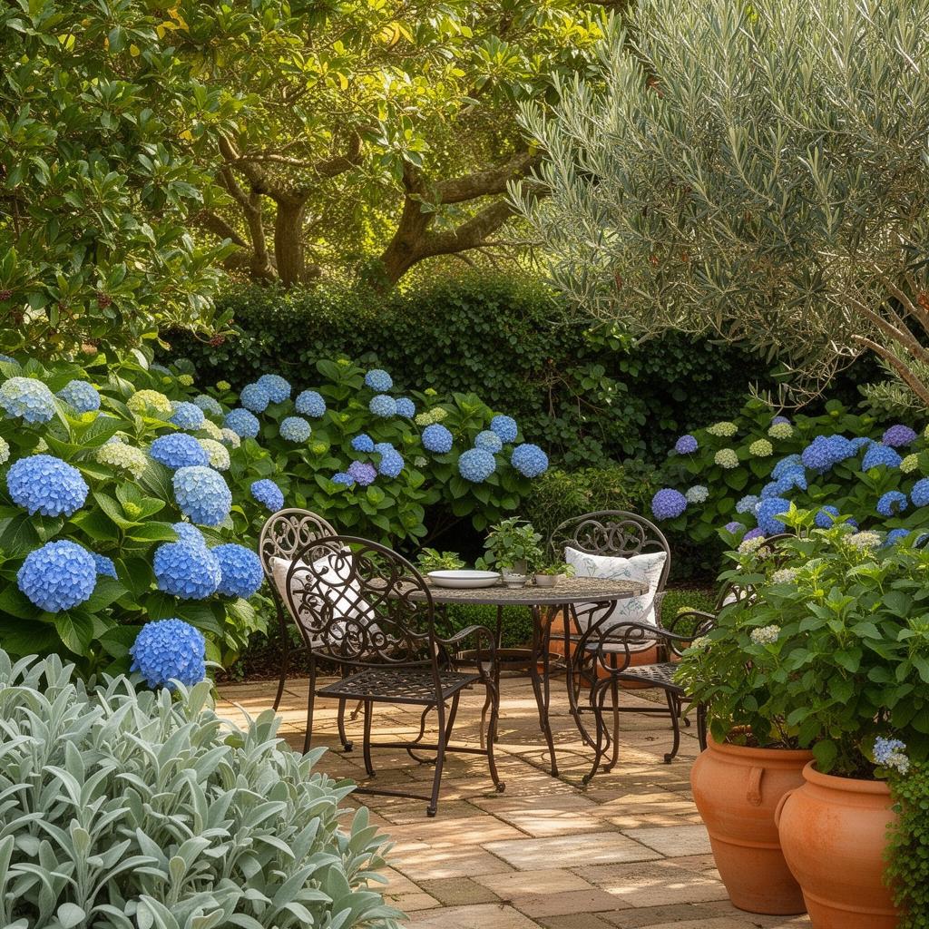 Lush Southern garden patio with hydrangeas and wrought iron seating