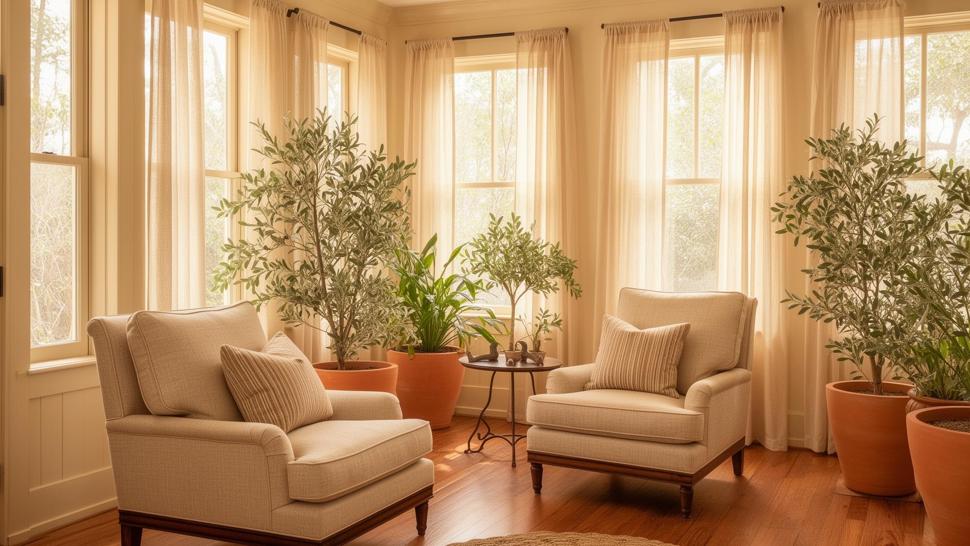 Sunlit Southern sunroom with linen armchairs and terracotta accents